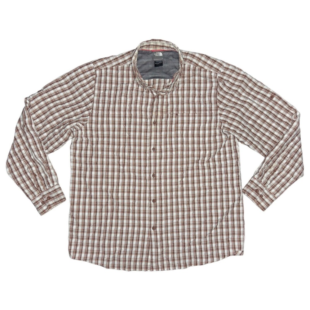 The North Face Men's Large Brown Plaid Long Sleeve Shirt Roll Tab Sleeves Hiking